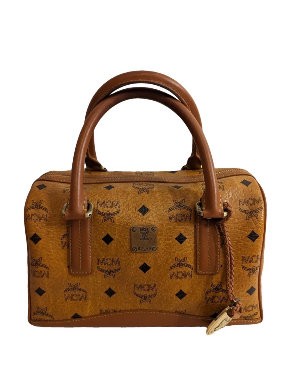 MCM Visetos Brown and Tan Satchel with Logo Plaque